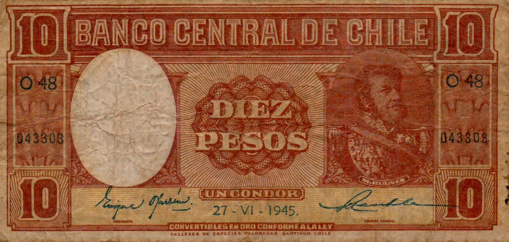 Chile 10 1945 VF P-103/d
